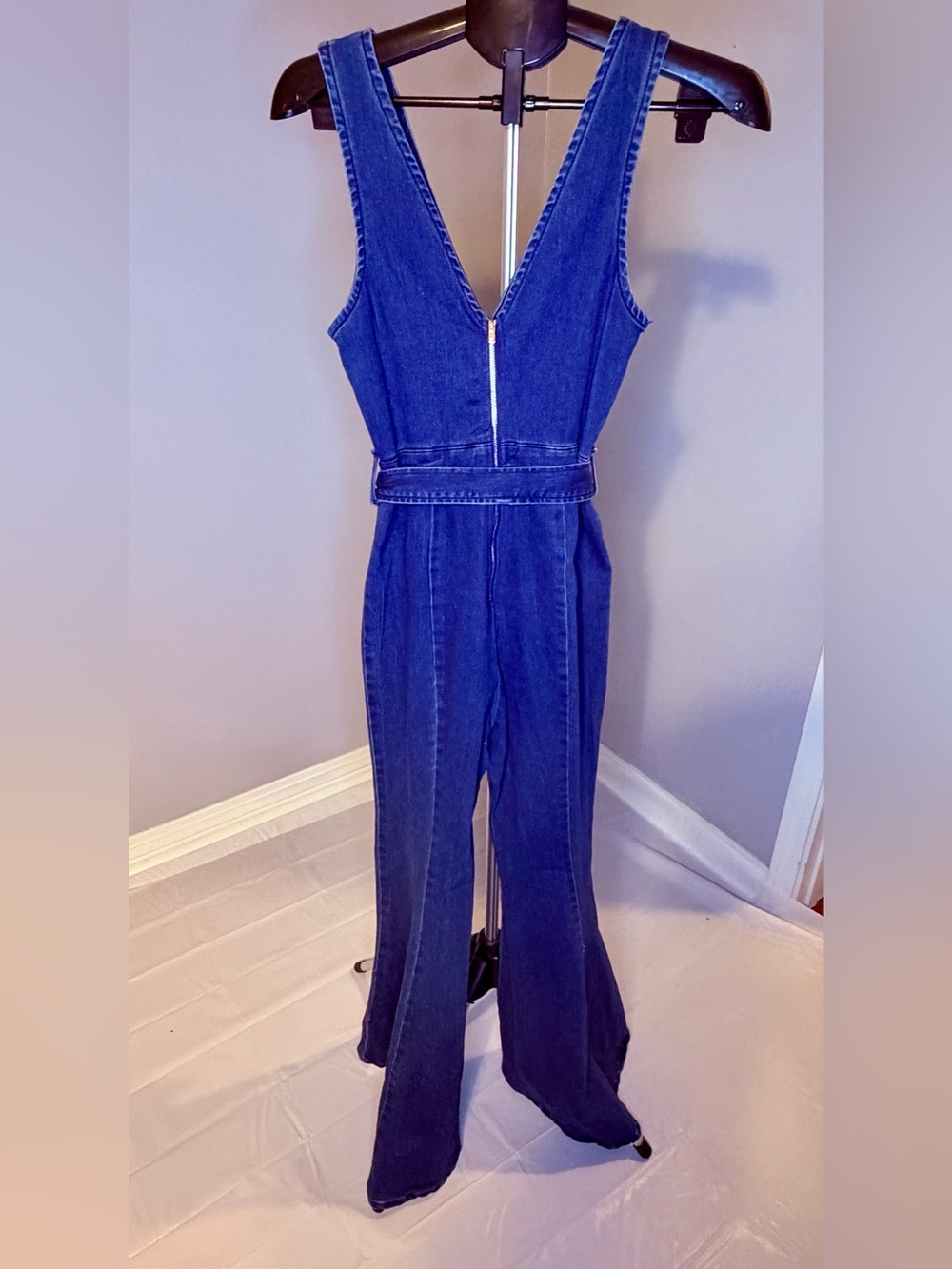 Vici Blue Denim Sleeveless Wrap Jumpsuit with Tie Waist - Picture 3 of 9